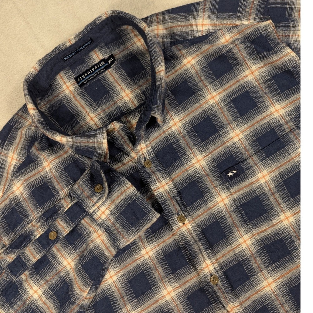Fish Hippie Co Mens XXL Rumfront Collection Plaid Button Down Shirt Navy Orange